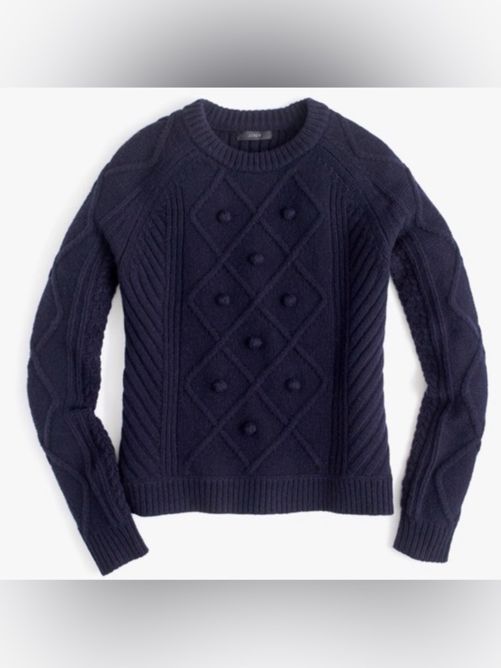 J. Crew Navy Cable Knit Sweater Pom Pom Textured Crewneck Size L